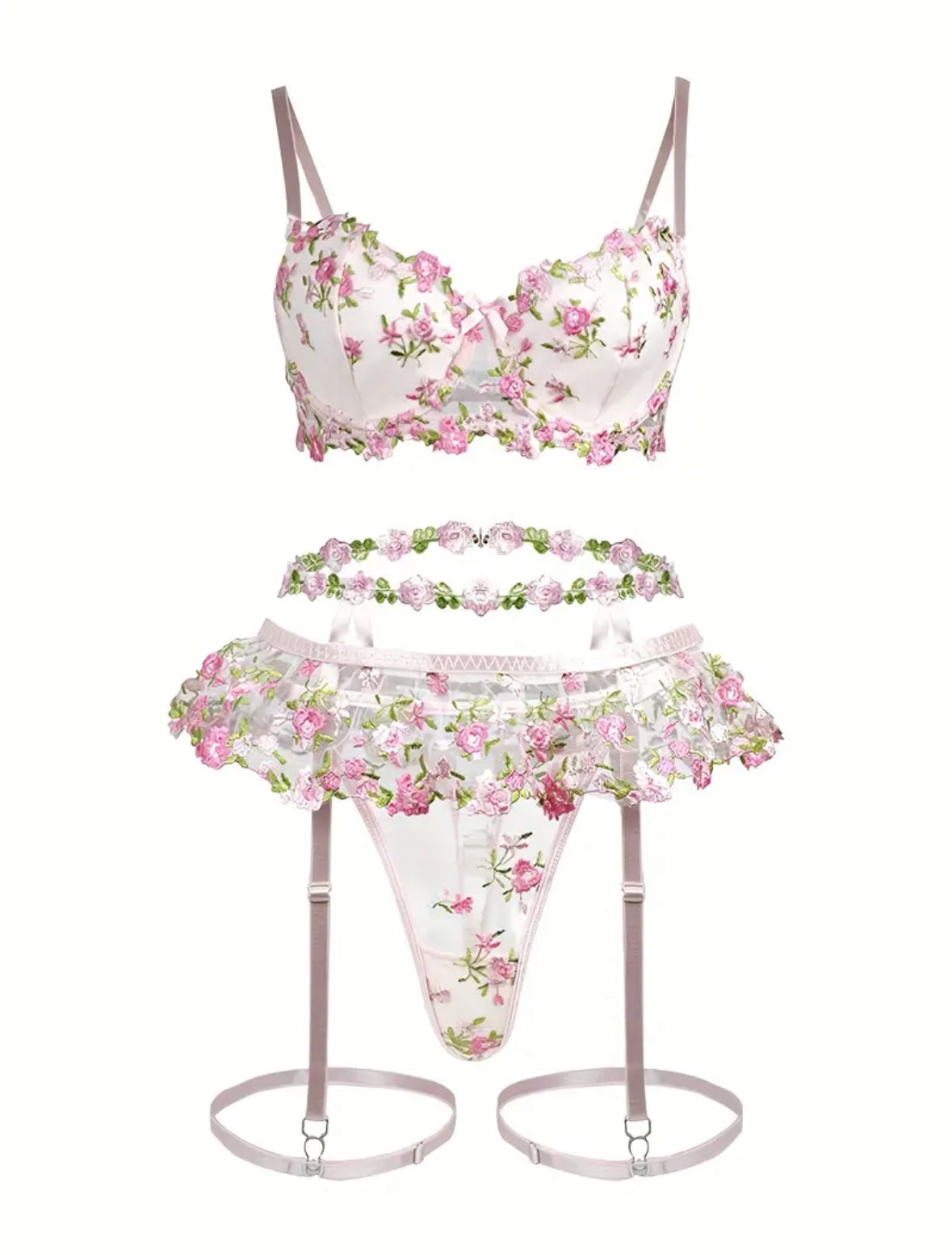 Conjunto Lencería Liguero Rosa Flores (S)