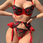 Conjunto Liguero Negó con Rojo Satin y Encaje S-L