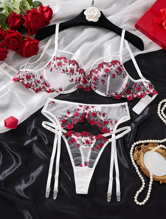 Conjunto Lencería Liguero Blanco Con Rojo + Medias blancas (M)