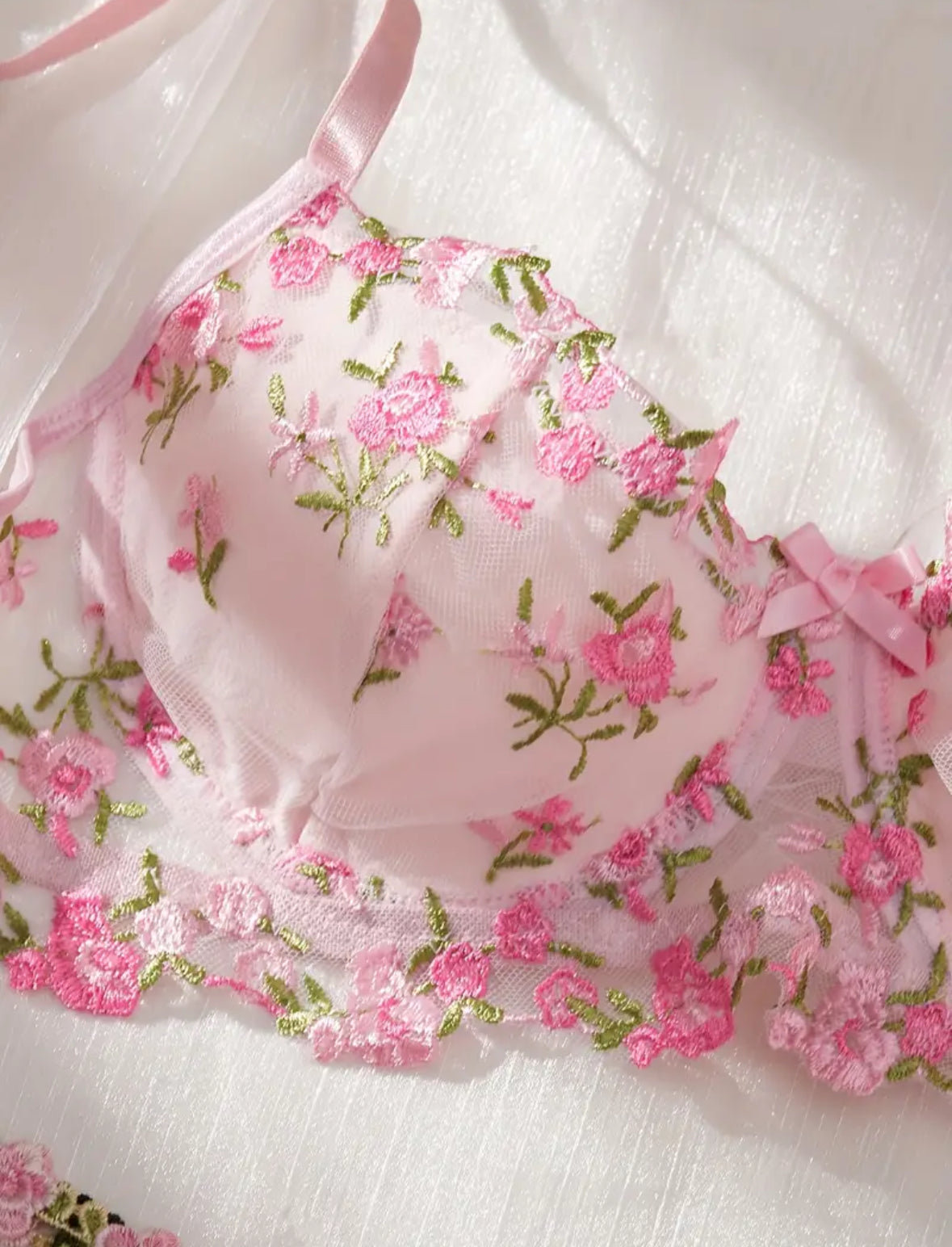 Conjunto Lencería Liguero Rosa Flores (S)