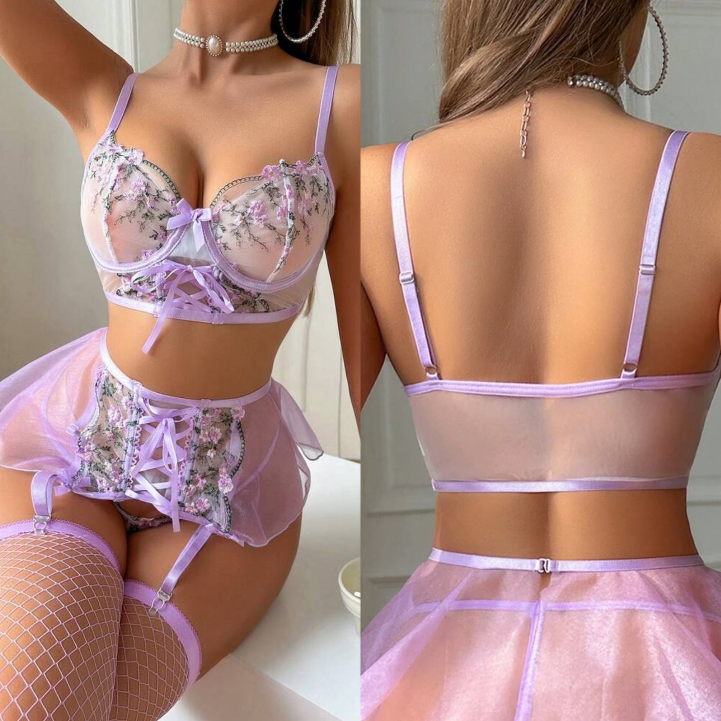 Conjunto Liguero Lila Flores S-M