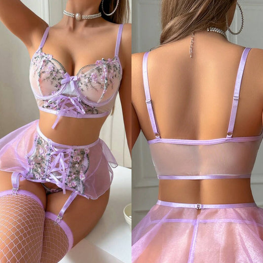 Conjunto Liguero Lila Flores S-M