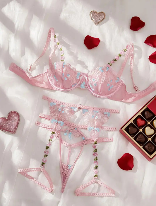 Conjunto Lencería Liguero Palo de Rosa con Flores (M)