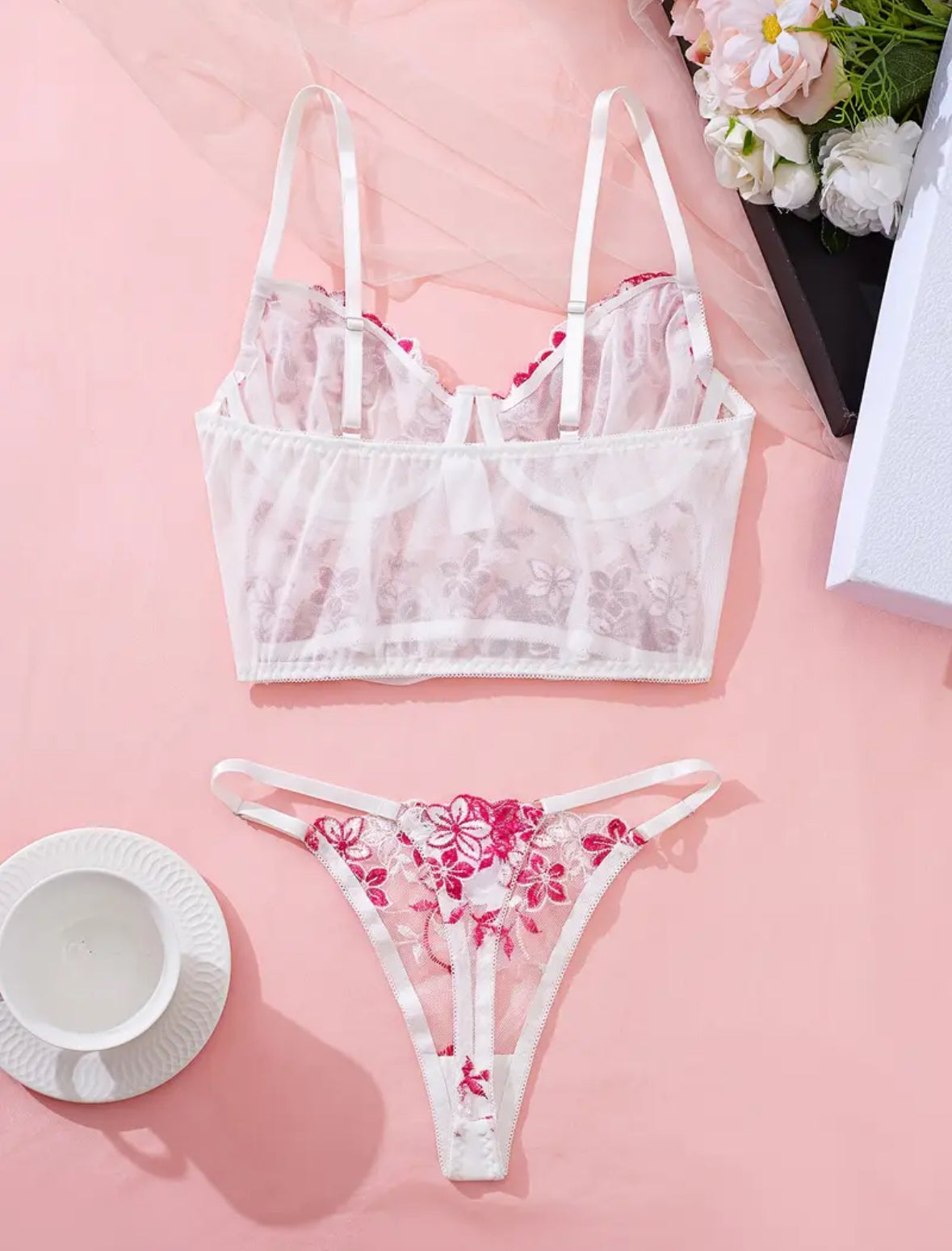Conjunto Lencería Corset Blanco/Fucsia (M)