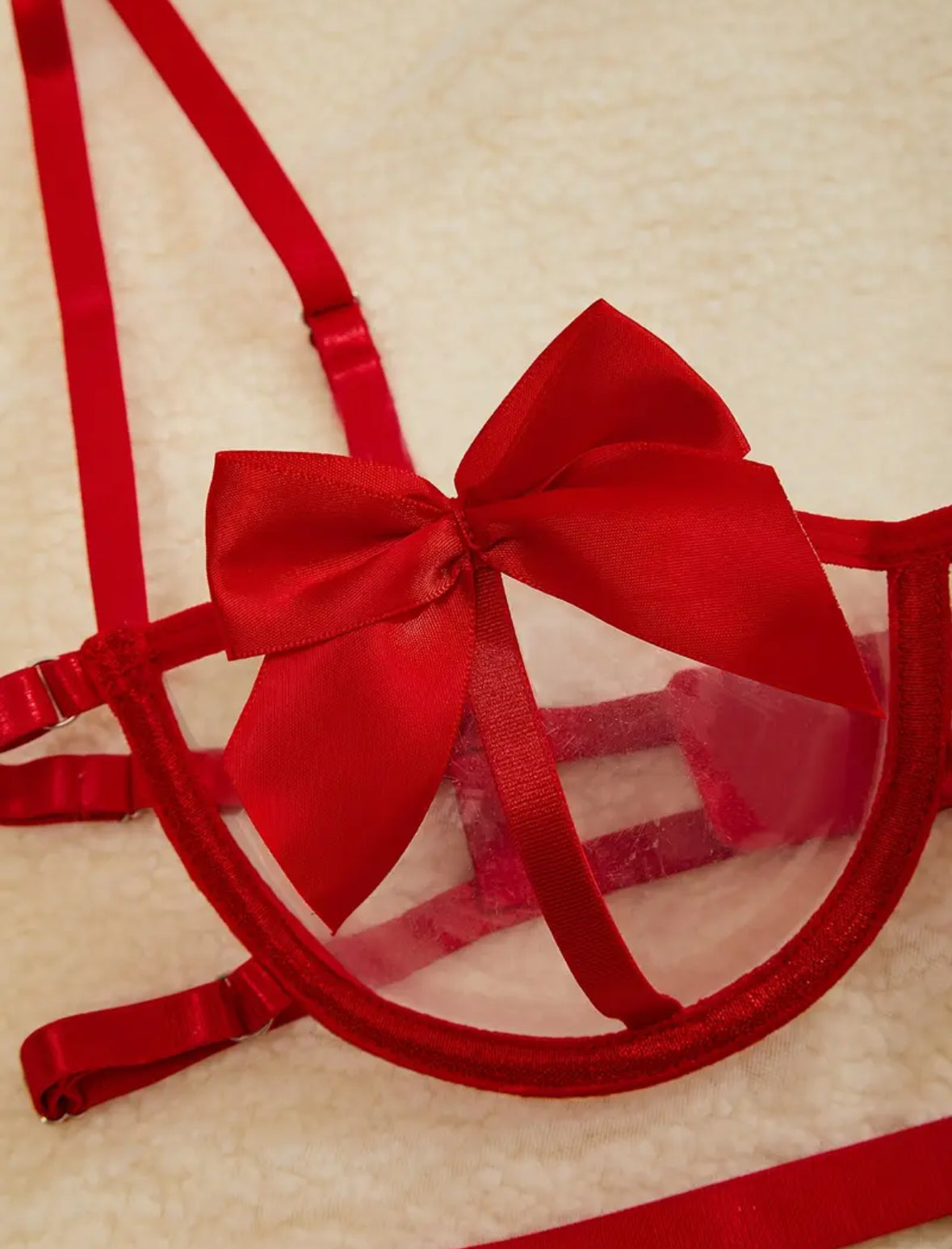 Conjunto Lencería Liguero Rojo Moños (S)