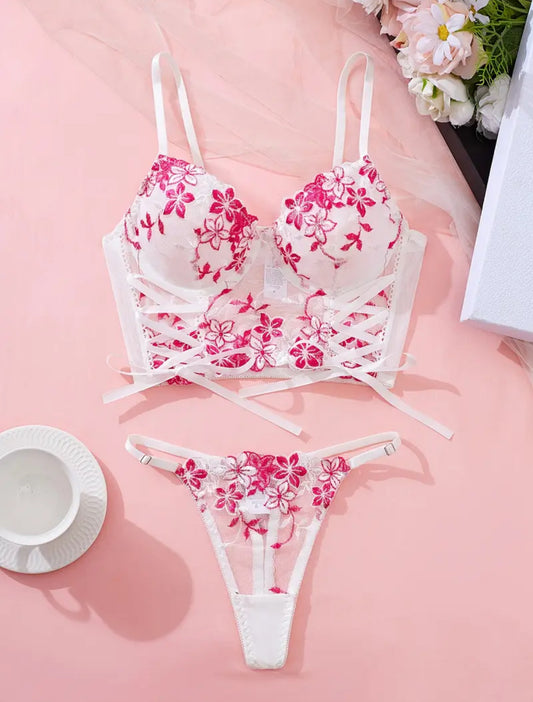 Conjunto Lencería Corset Blanco/Fucsia (M)