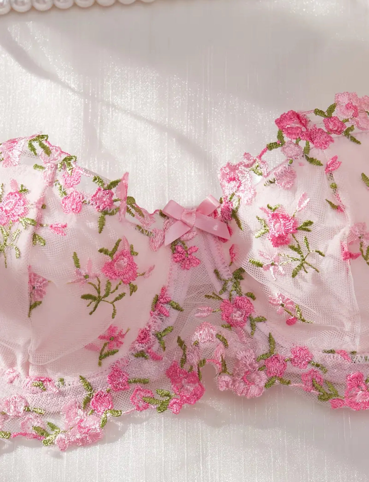 Conjunto Lencería Liguero Rosa Flores (S)