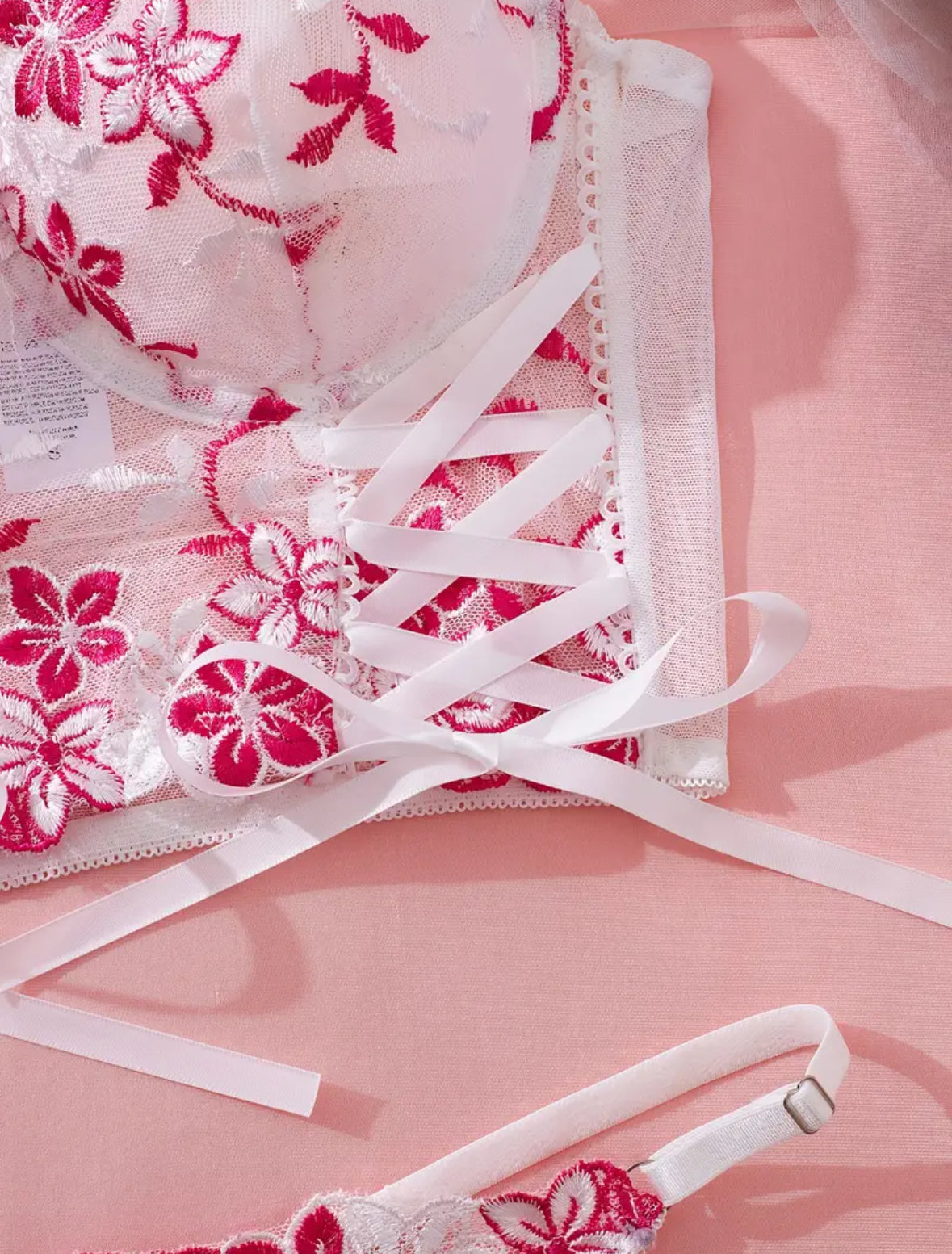 Conjunto Lencería Corset Blanco/Fucsia (M)