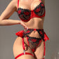 Conjunto Liguero Negó con Rojo Satin y Encaje S-L