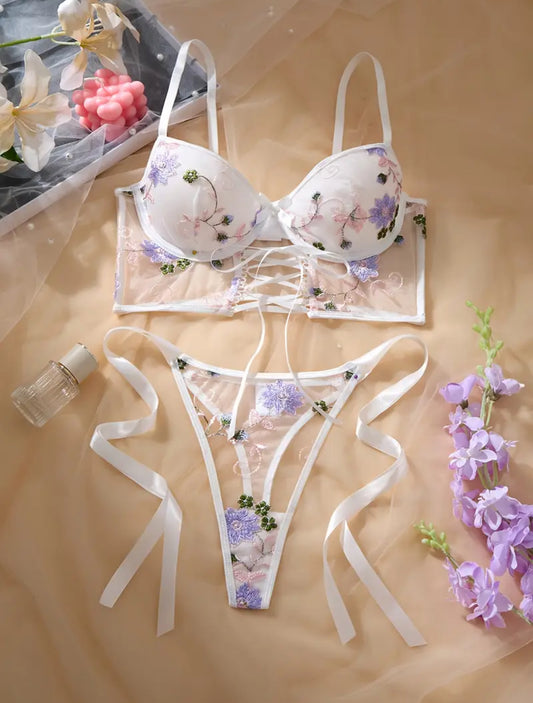 Conjunto Lencería Corset Blanco Flores (S)