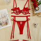 Conjunto Lencería Liguero Rojo Moños (S)