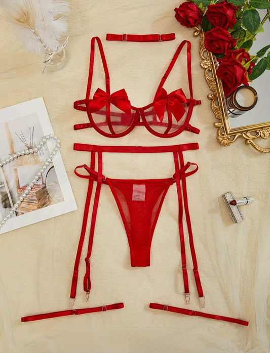Conjunto Lencería Liguero Rojo Moños (S)