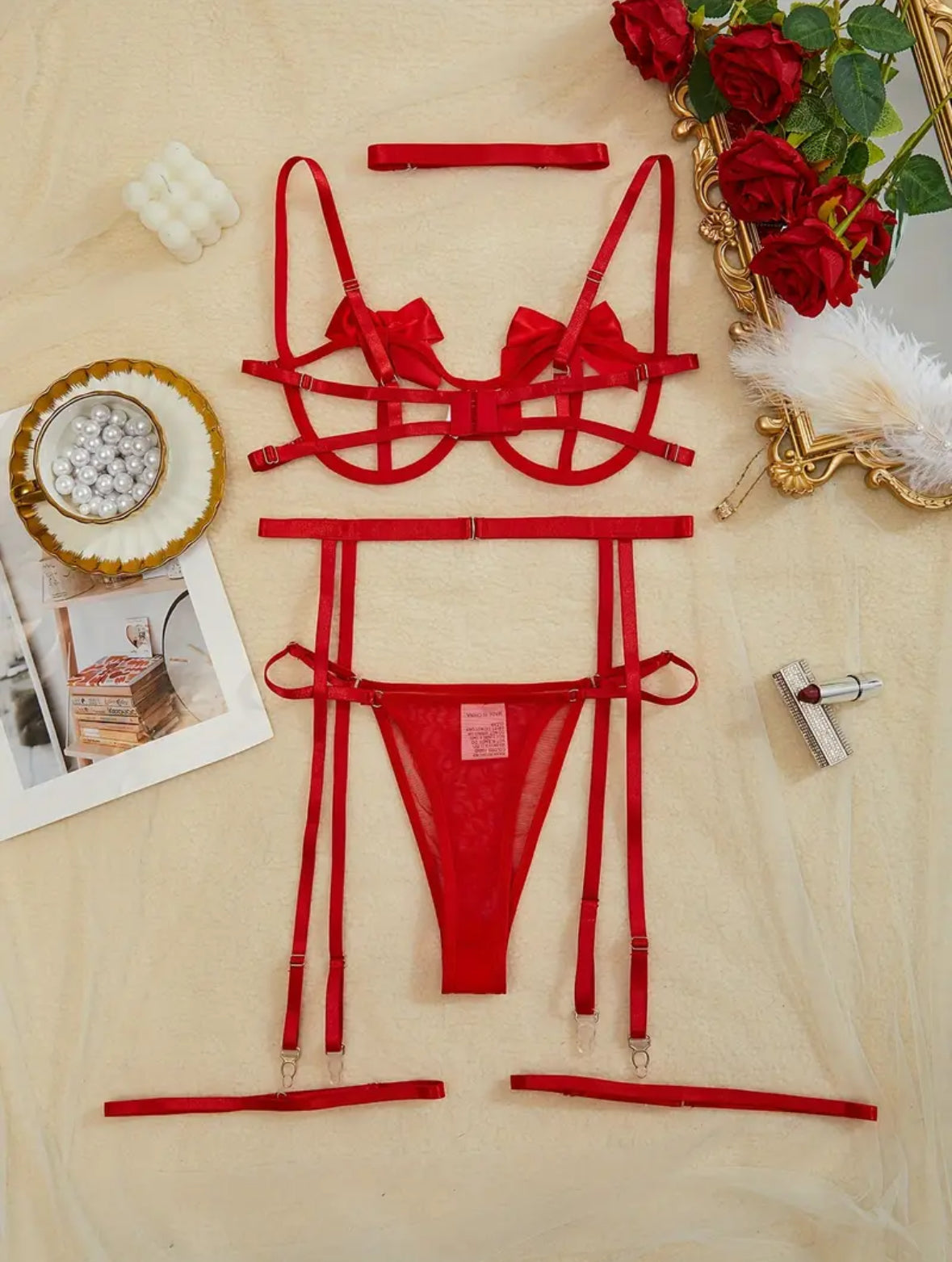 Conjunto Lencería Liguero Rojo Moños (S)