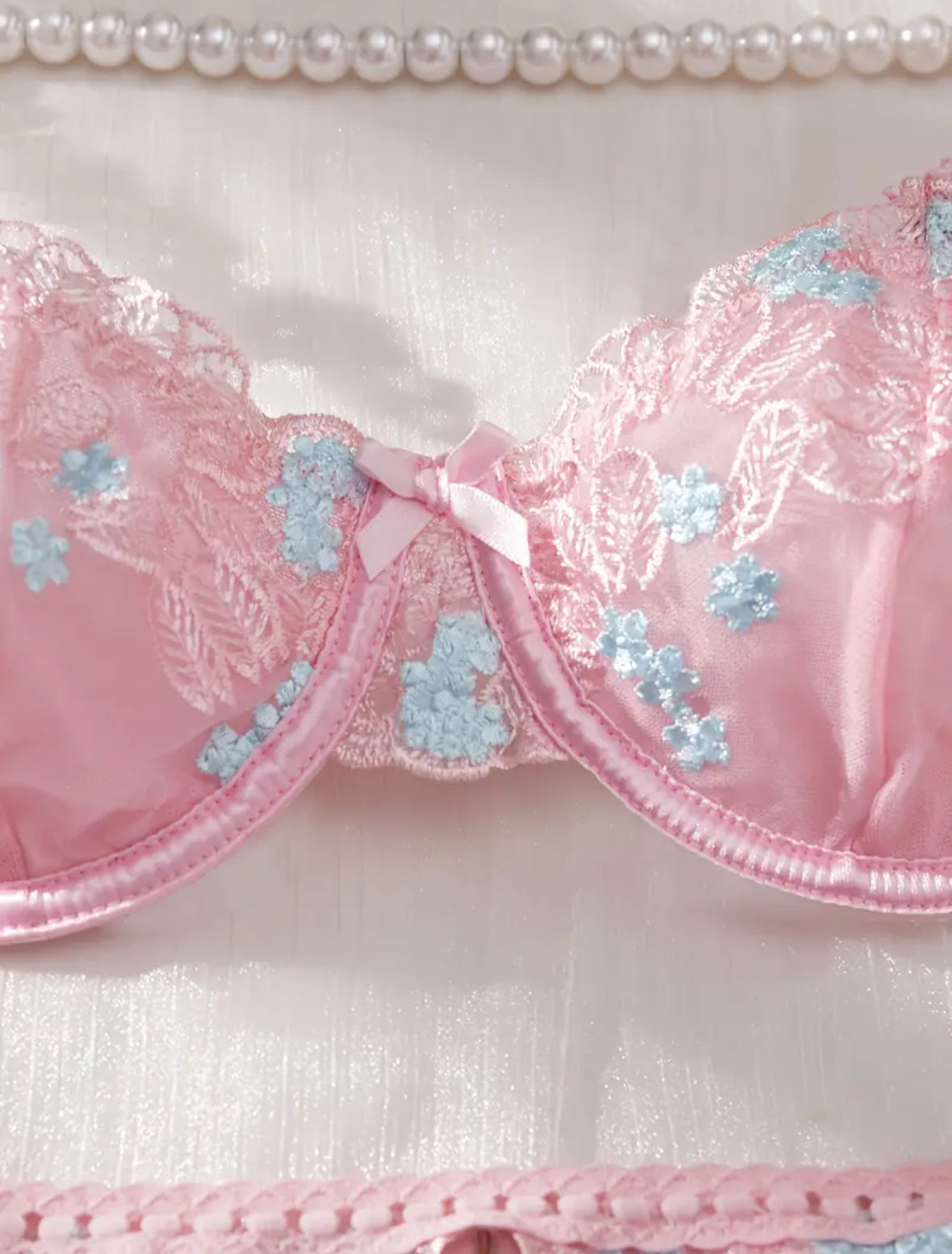 Conjunto Lencería Liguero Palo de Rosa con Flores (M)