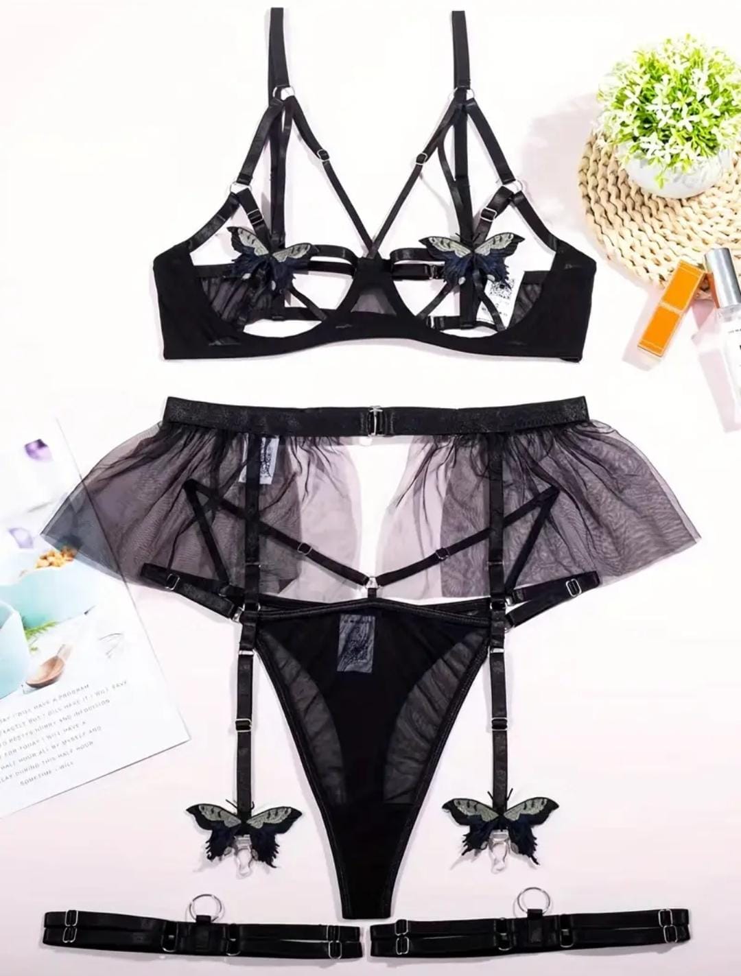 Conjunto Liguero Negro Mariposa Importado (M)