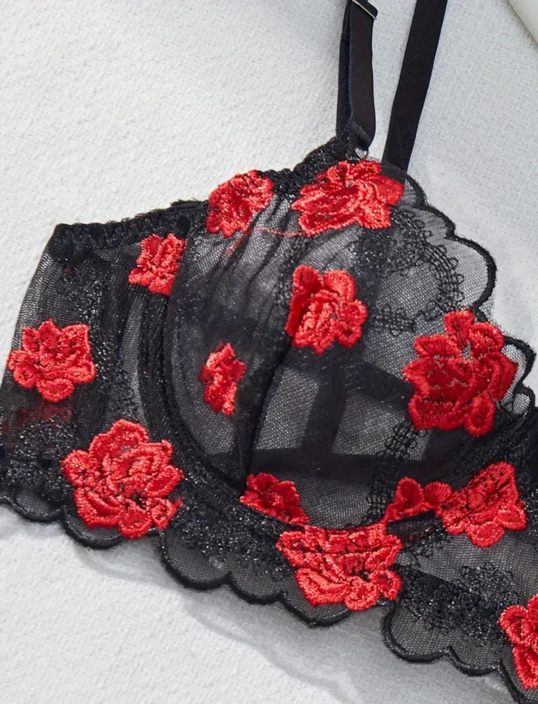 Conjunto Liguero Negro Flores Importado (S-M)